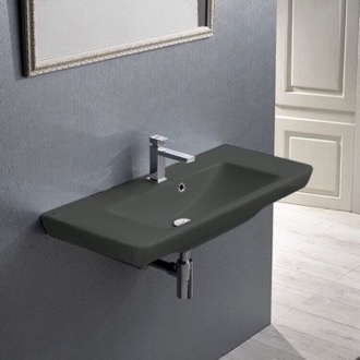 Bathroom Sink Rectangular Matte Black Ceramic Wall Mounted or Drop In Sink CeraStyle 068309-U-97